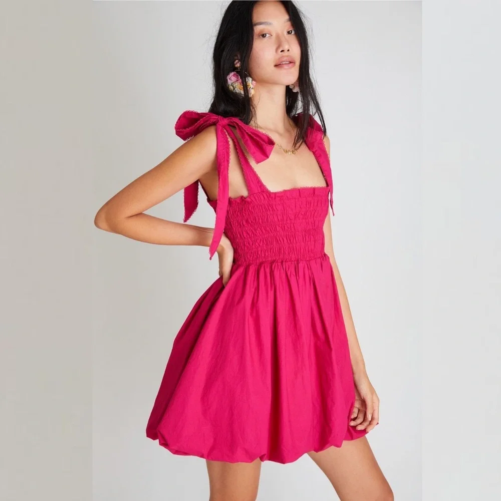 LoveShackFancy || Amanda Smocked Mini Dress Bubble Skirt Toe Shoulder Bow Pink S